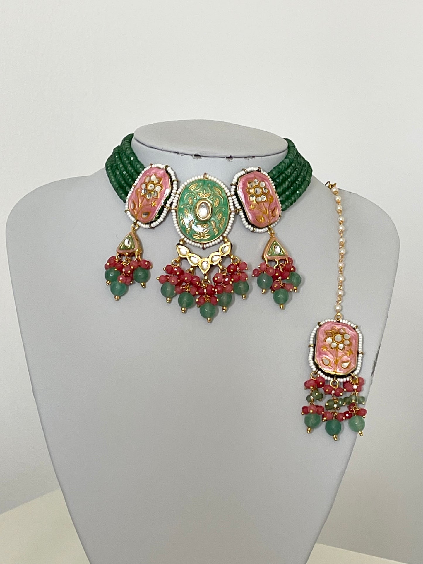 Jade Green/ Peach/Pink Kundan Set