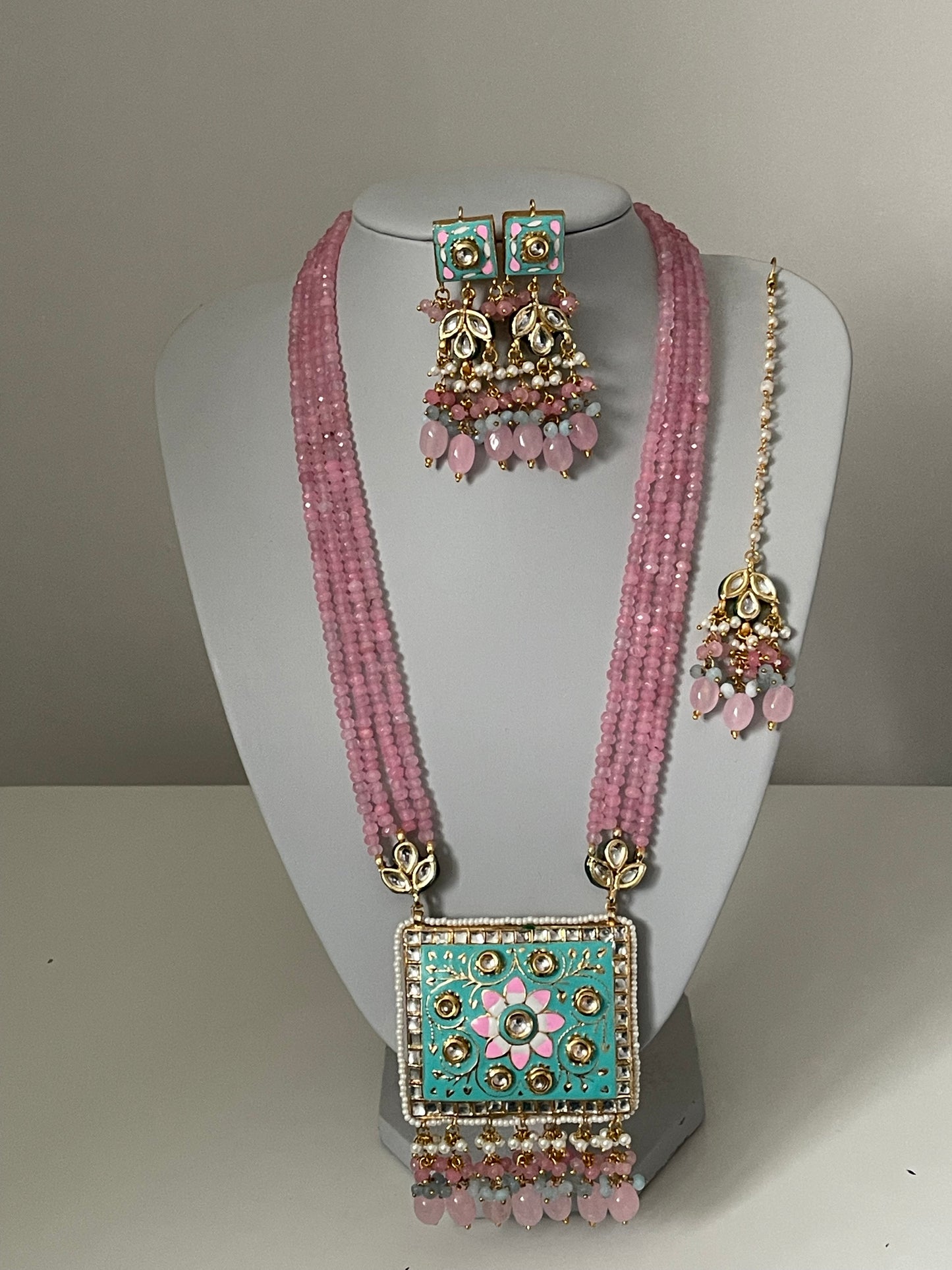 Pink Meenakari Kundan Mala/ Long Haar Set