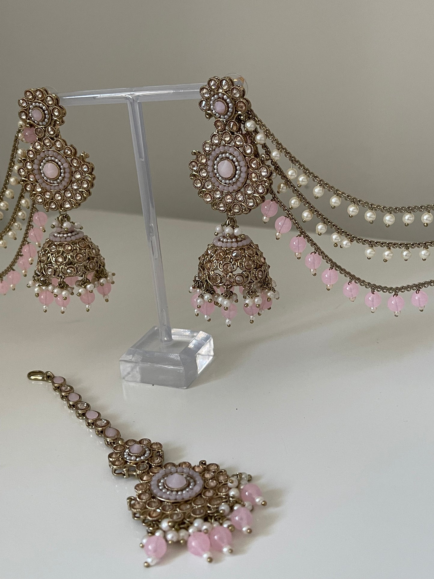 Statement Pink Jhumka Earrings with Saharey and tikka