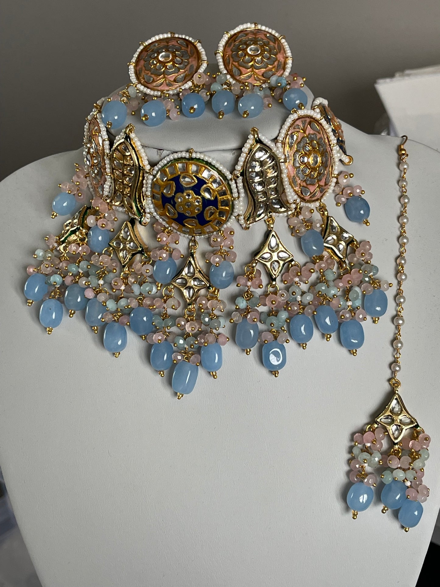 Turquoise blue and pink Kundan Set