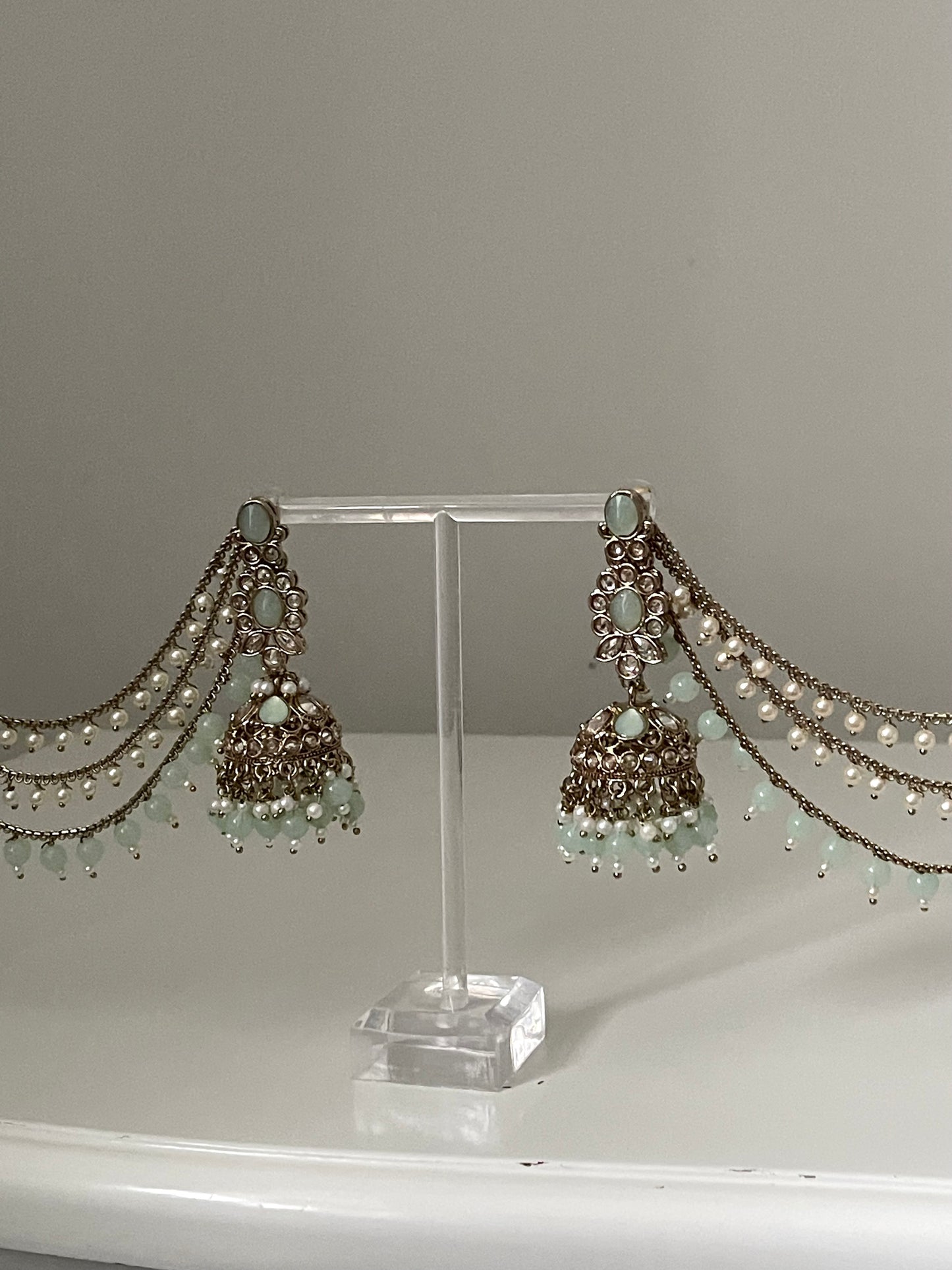 Mint Jhumka earrings with Saharey