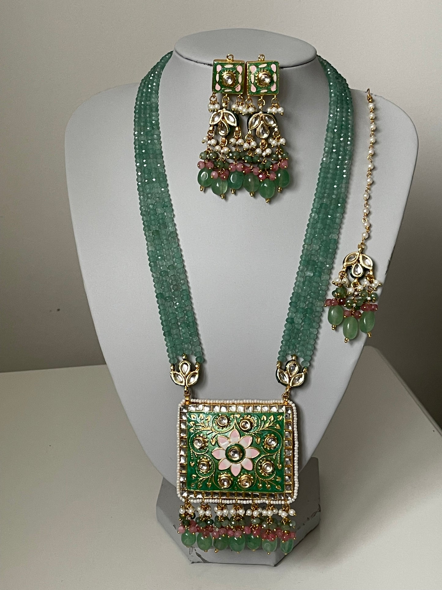 Jade Green Meenakari Kundan Mala/ Long Haar Set