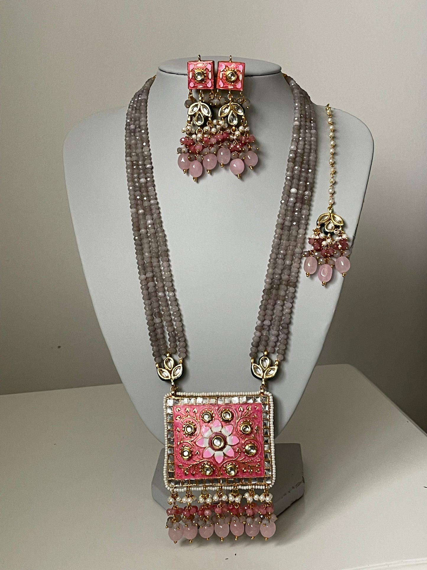 Grey Meenakari Kundan Mala/ Long Haar Set