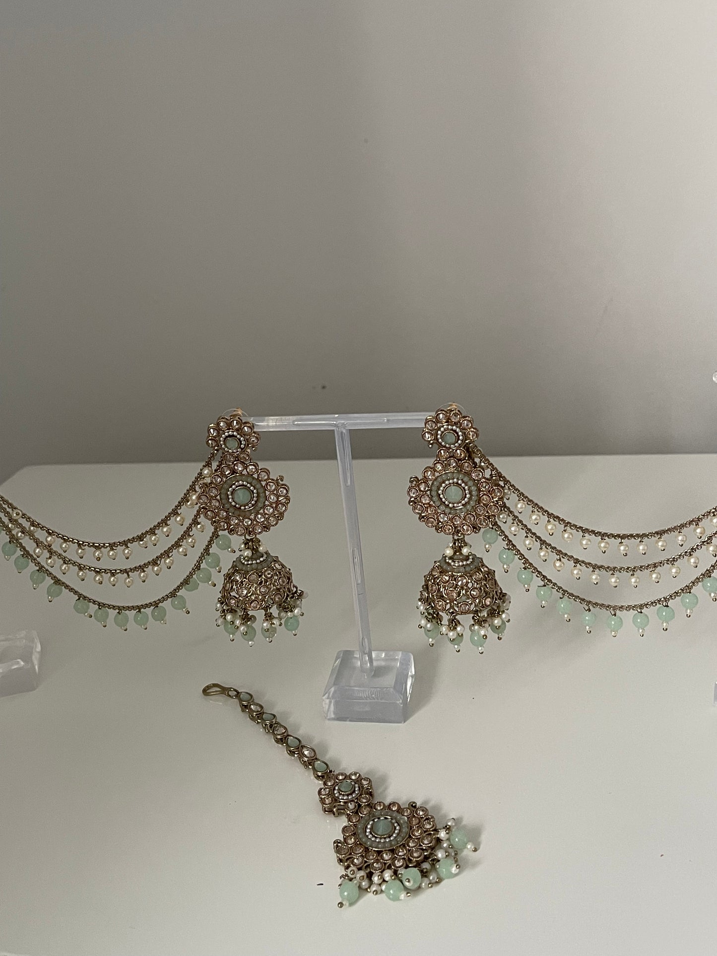 Statement Mint Jhumka Saharey earrings with tikka