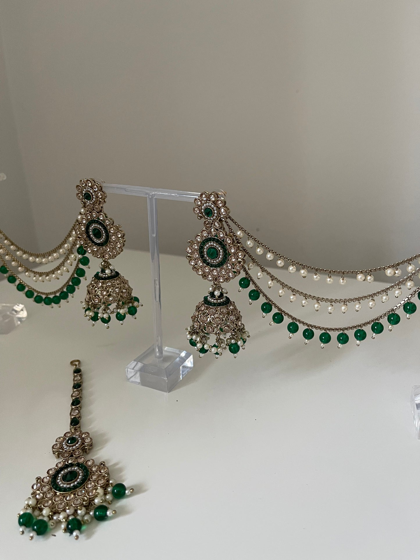 Green Jhumka Saharey Earrings with Tikka