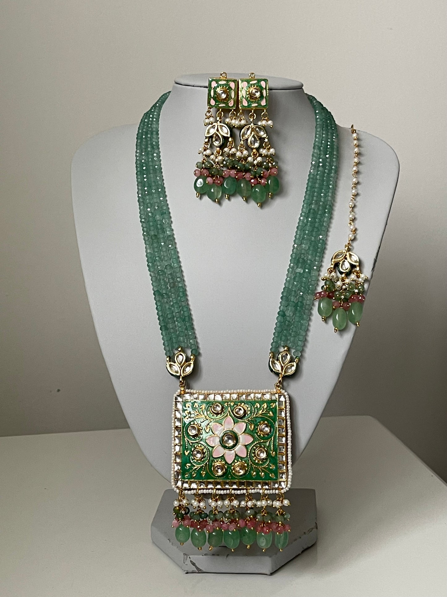 Jade Green Meenakari Kundan Mala/ Long Haar Set