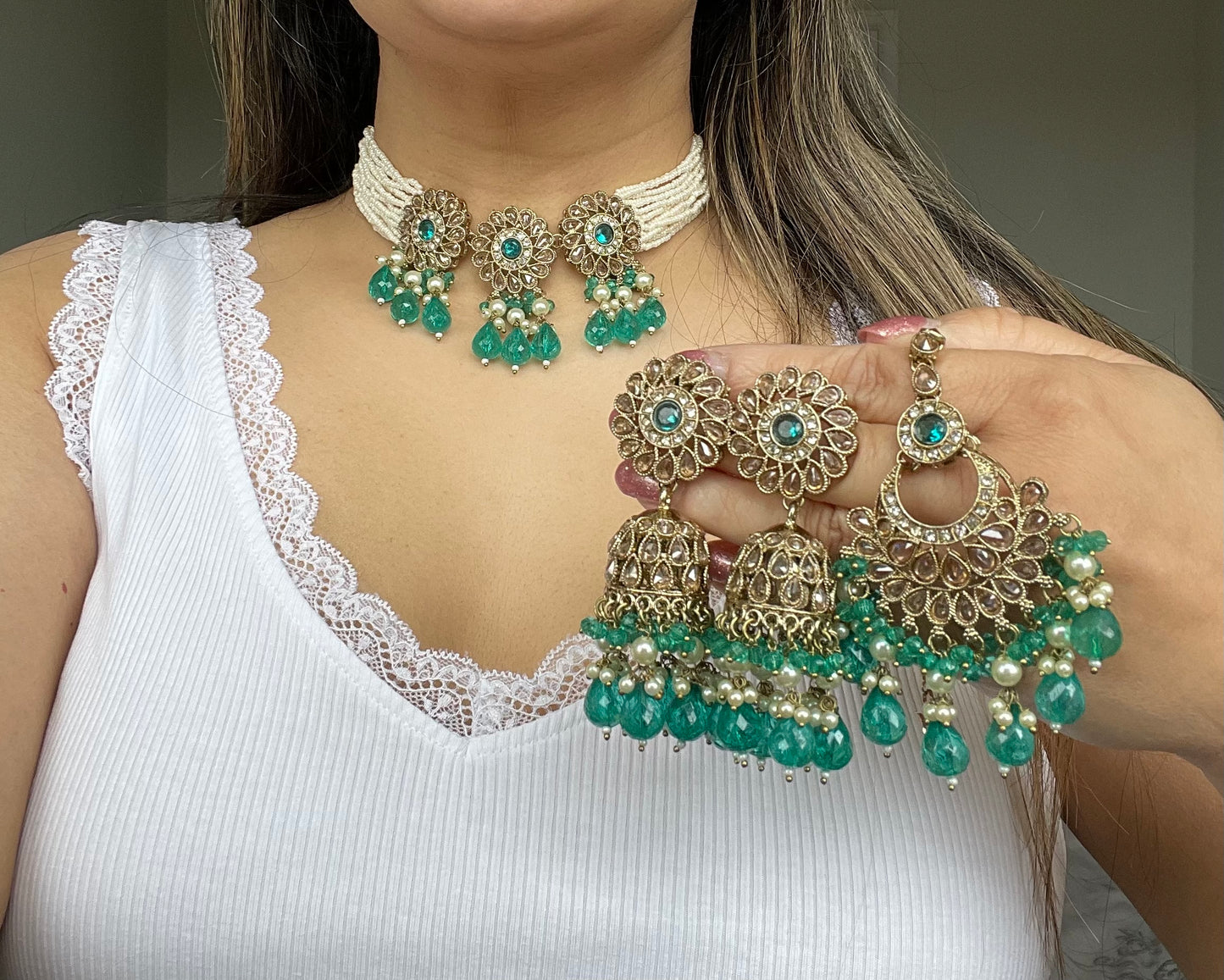Teal 4 piece set with Jhumka earrings and tikka