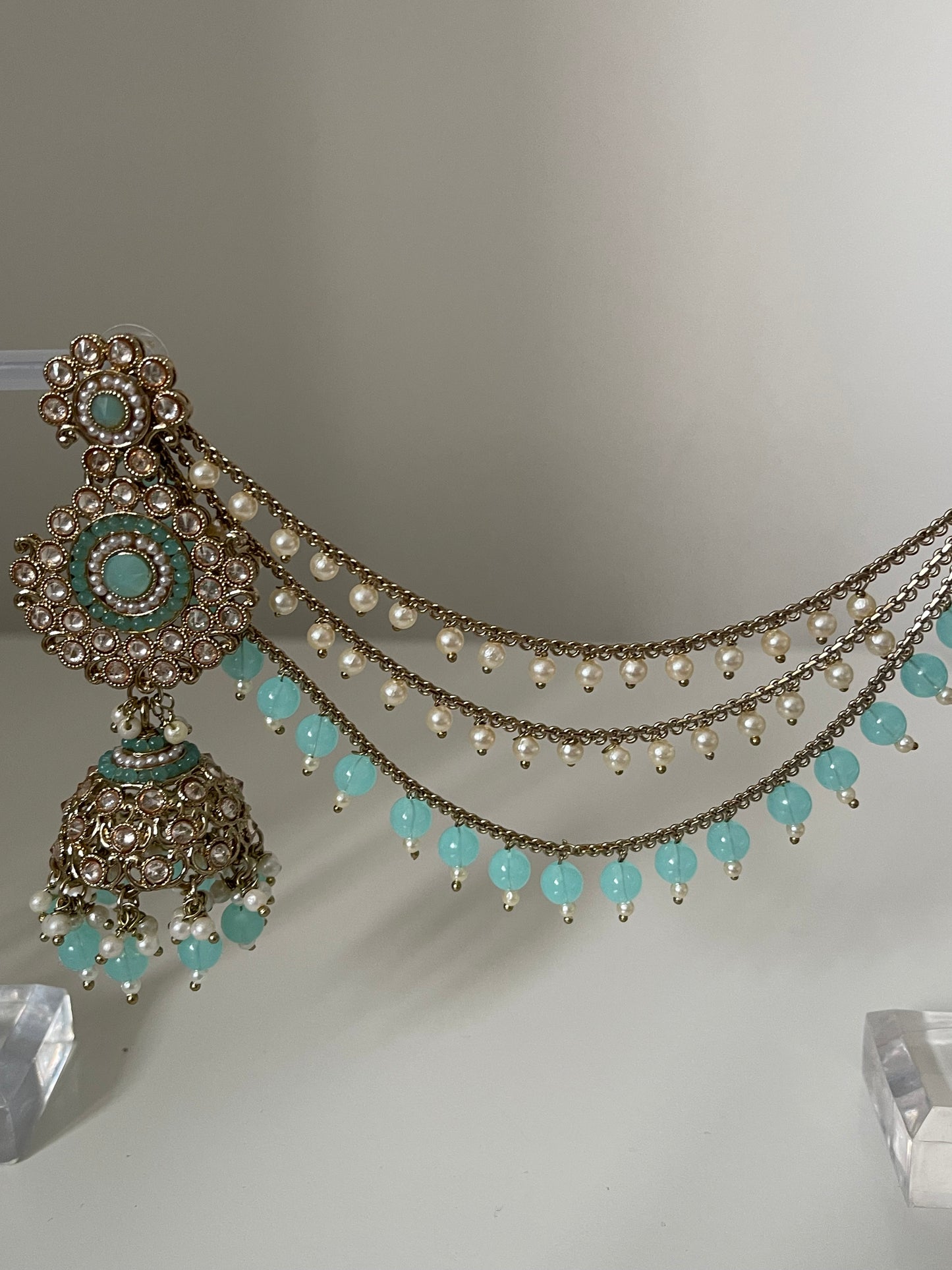 Turquoise Jhumka Saharey Earrings with Tikka