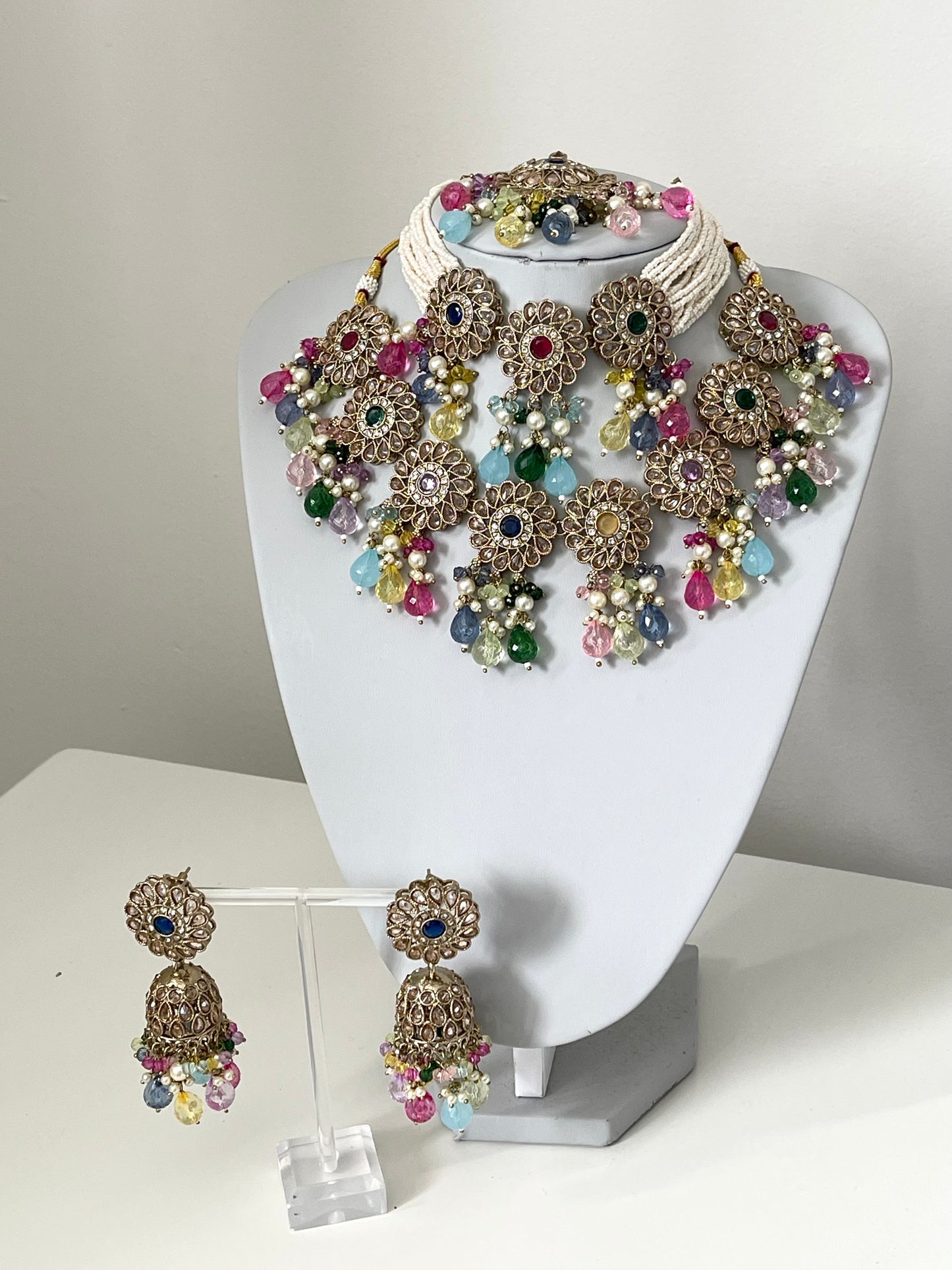 Pastel/ multi 4 piece set with Jhumka earrings and tikka