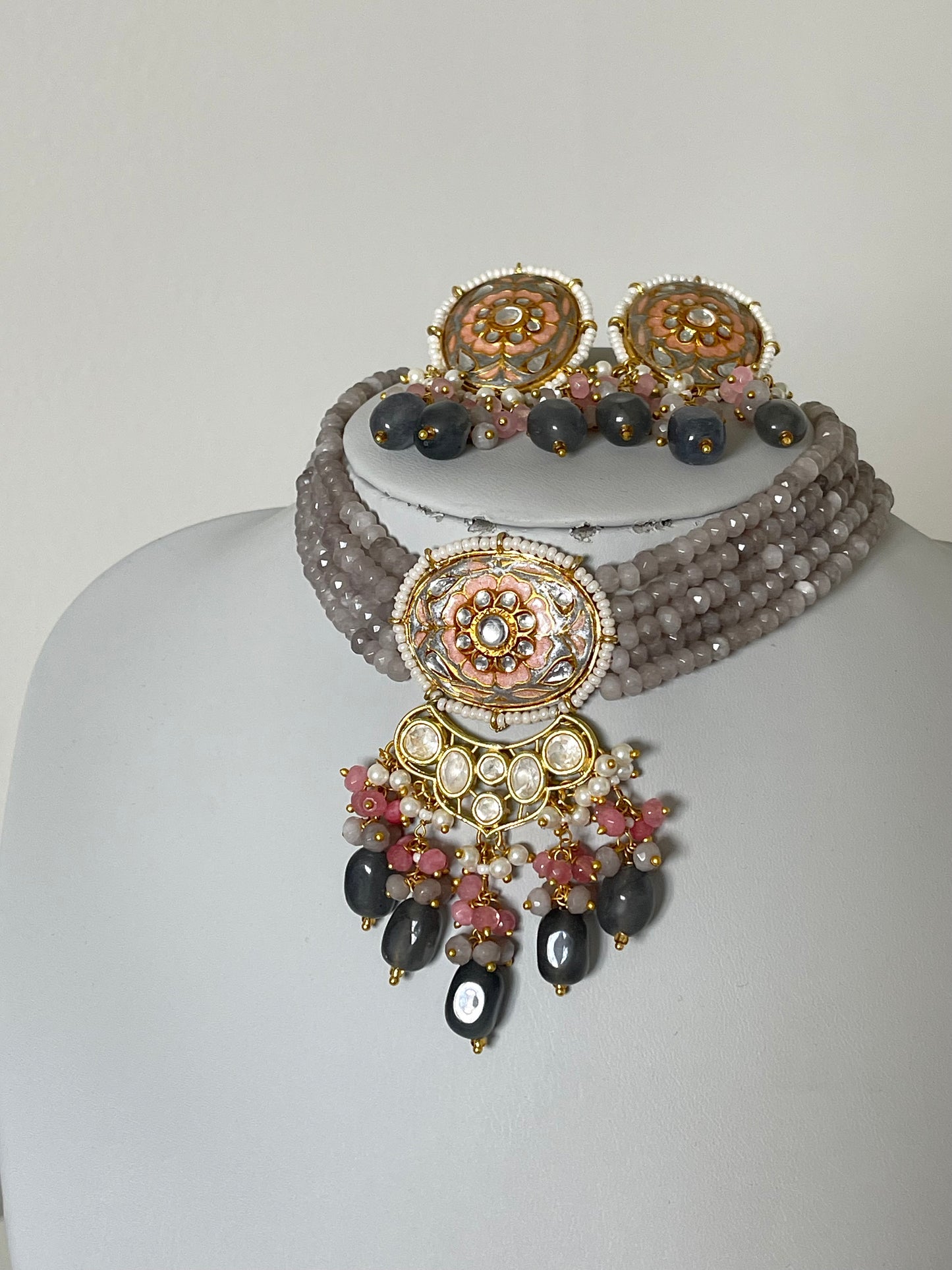 Grey/ Pink Meenakari Kundan Set