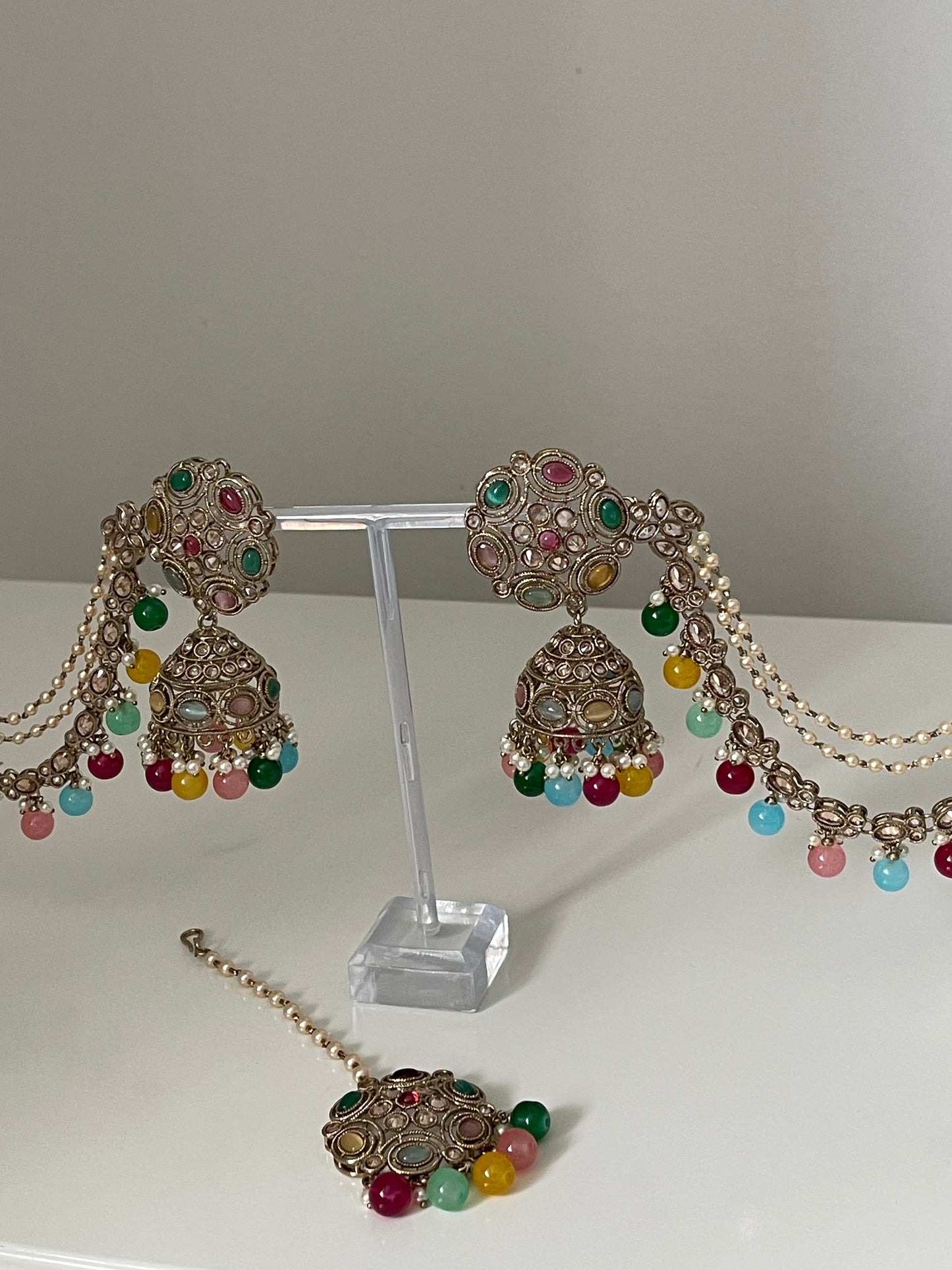 Multicoloured Jhumka Saharey Earrings with Tikka