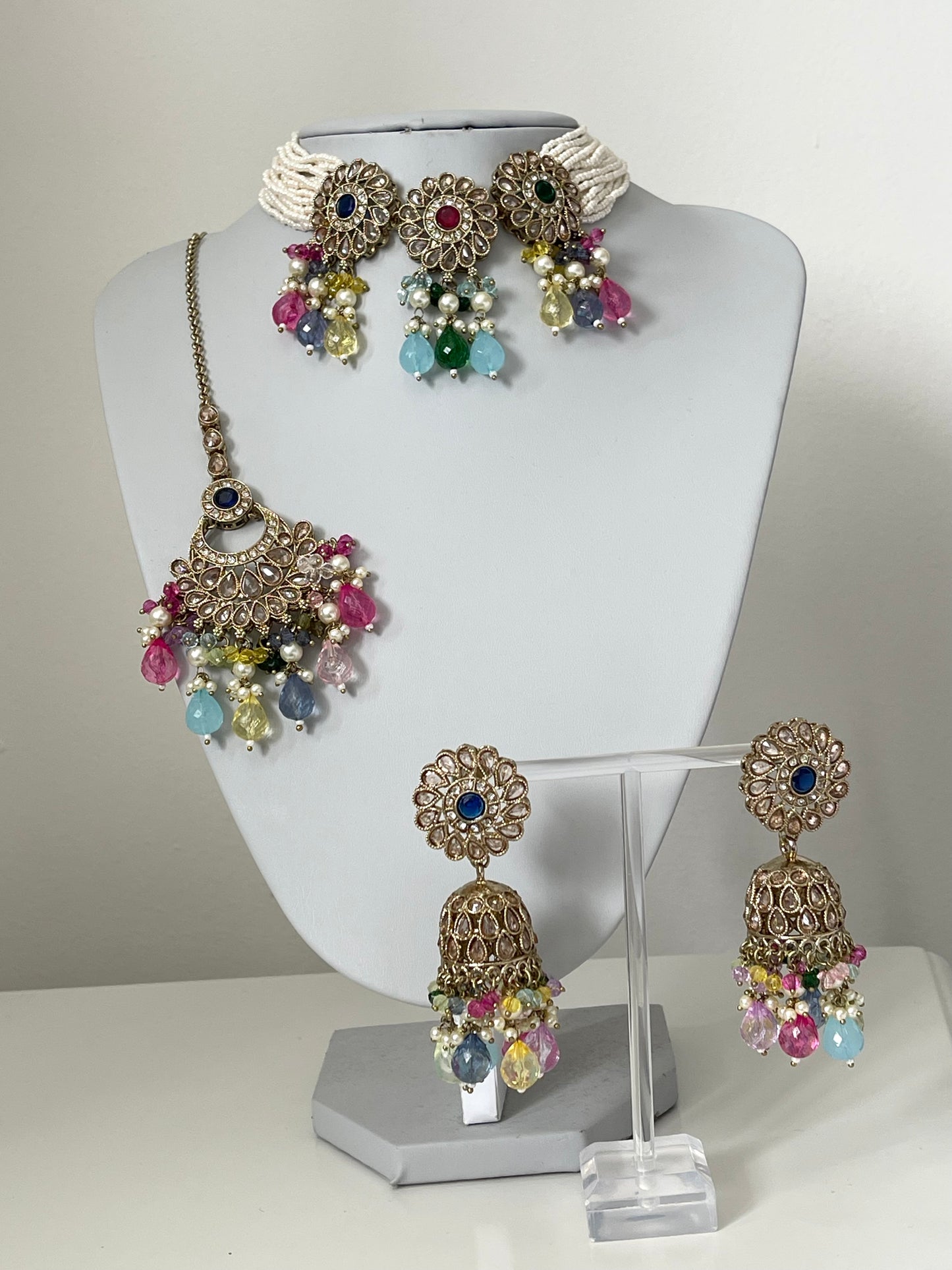 Pastel/ multi 4 piece set with Jhumka earrings and tikka
