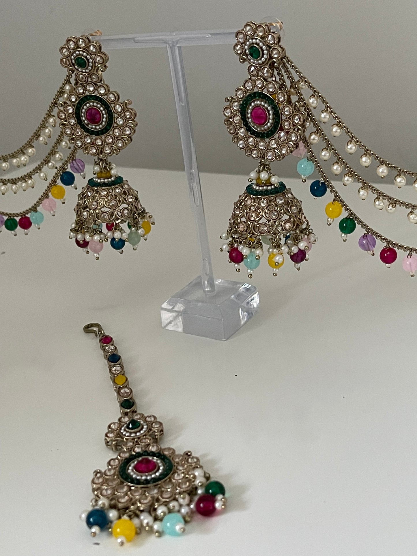 Multicoloured Jhumka Saharey Earrings with Tikka