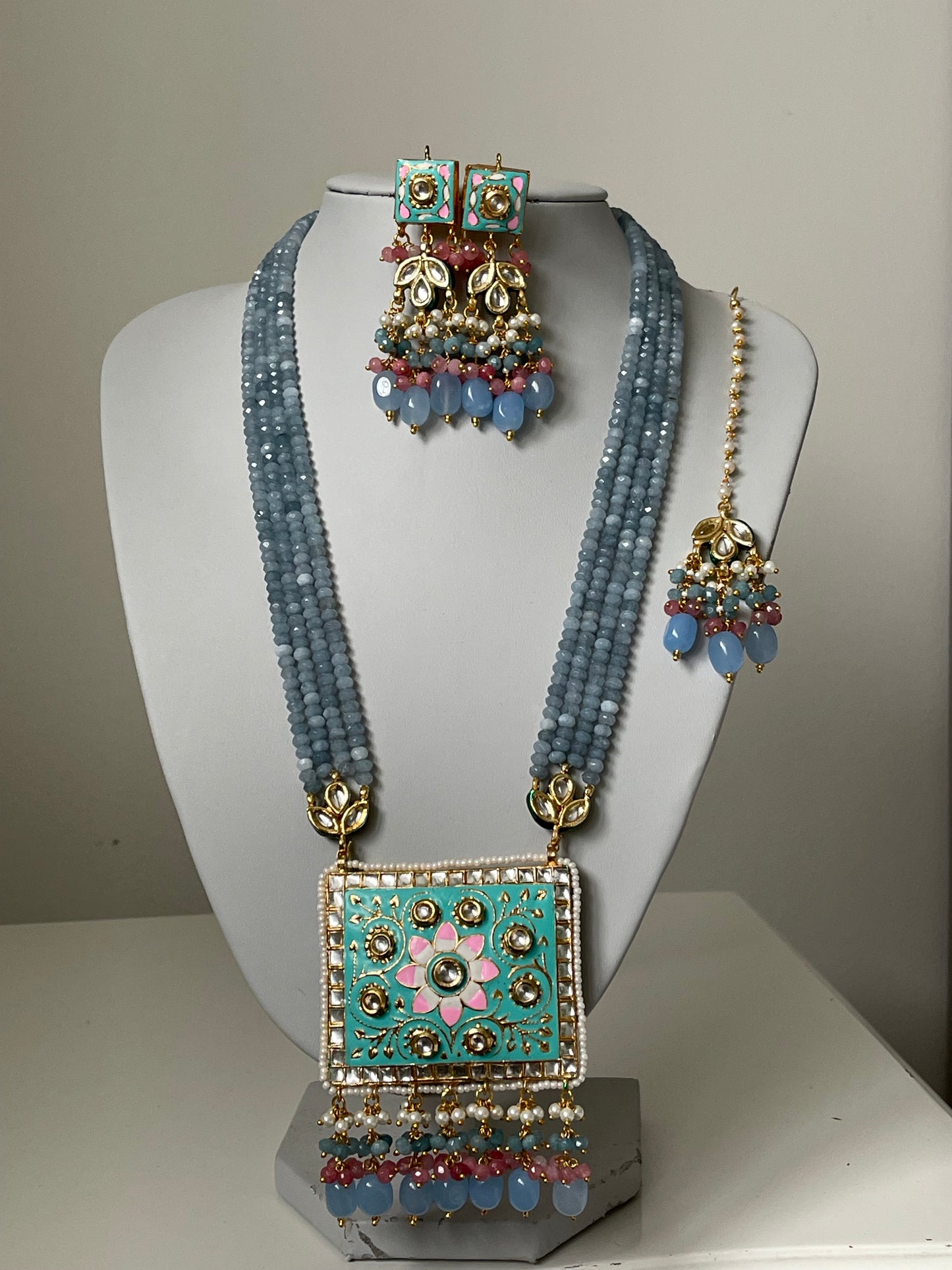 Blue Meenakari Kundan Mala/ long haar Set