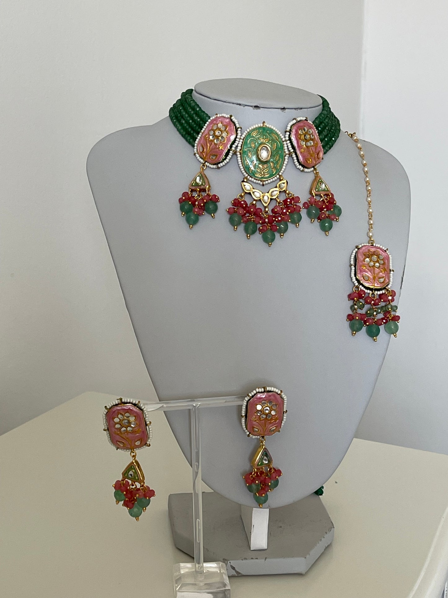 Jade Green/ Peach/Pink Kundan Set