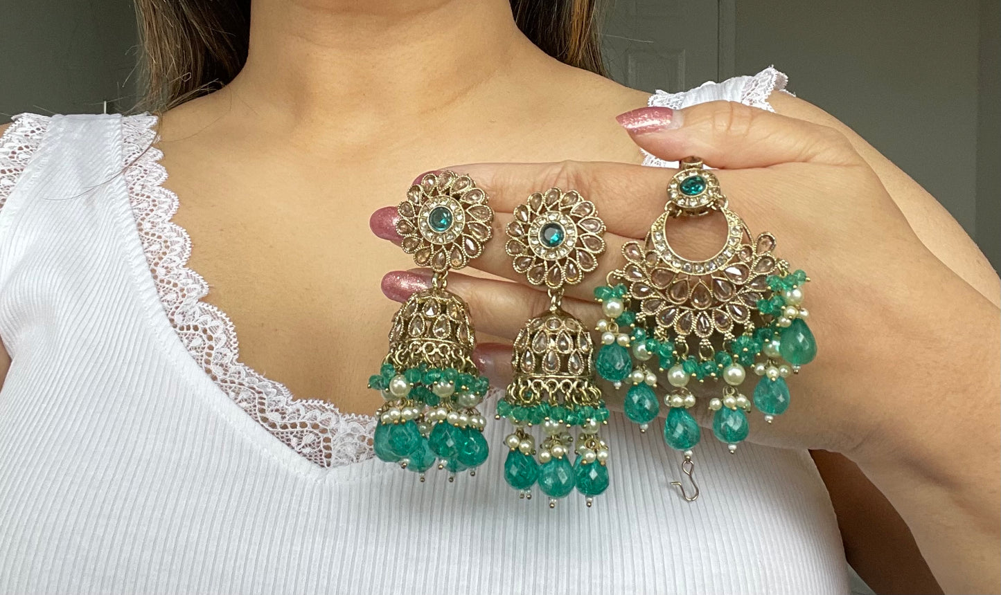Teal 4 piece set with Jhumka earrings and tikka