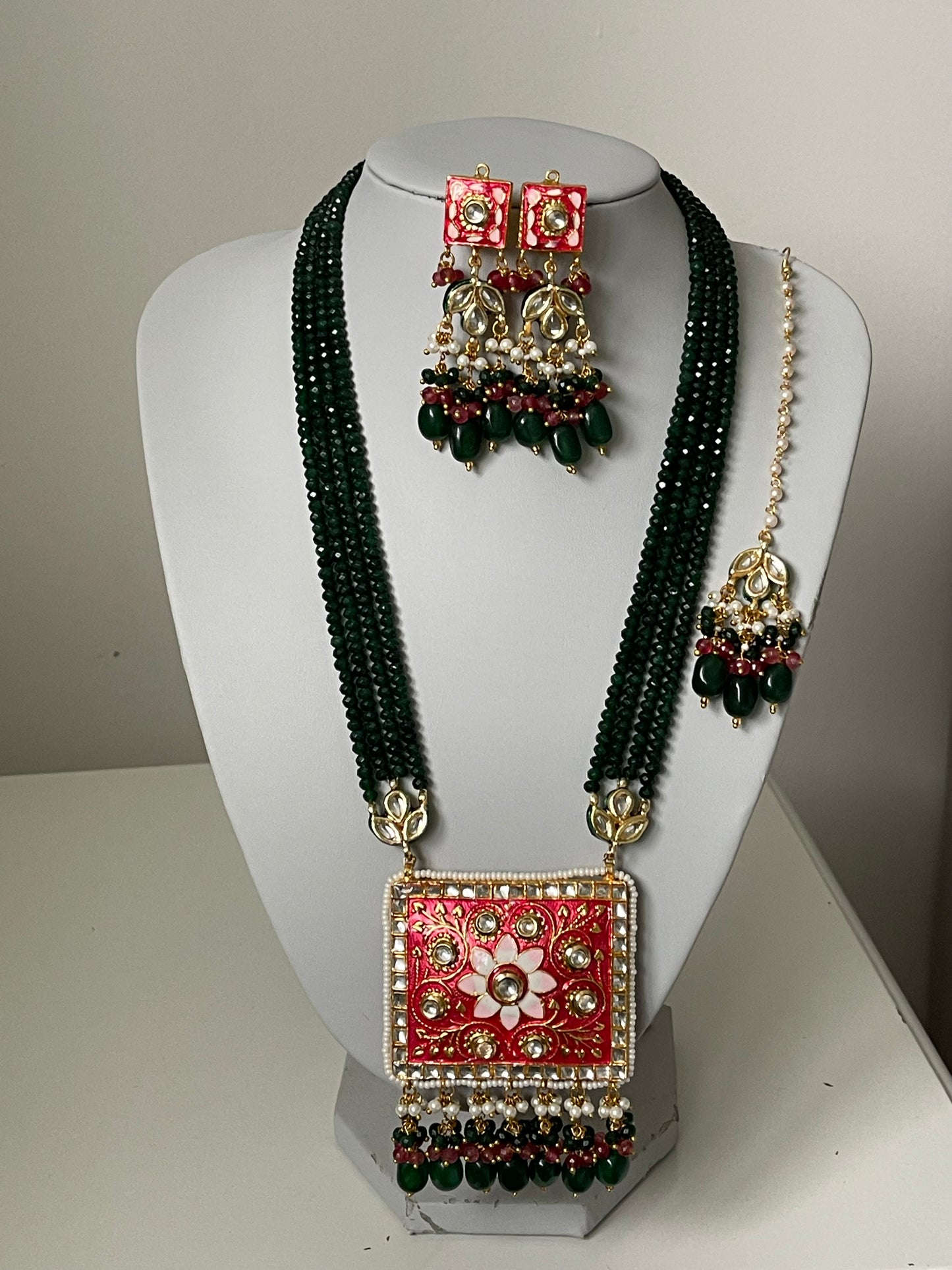 Green Meenakari Kundan Mala/ Long Haar Set