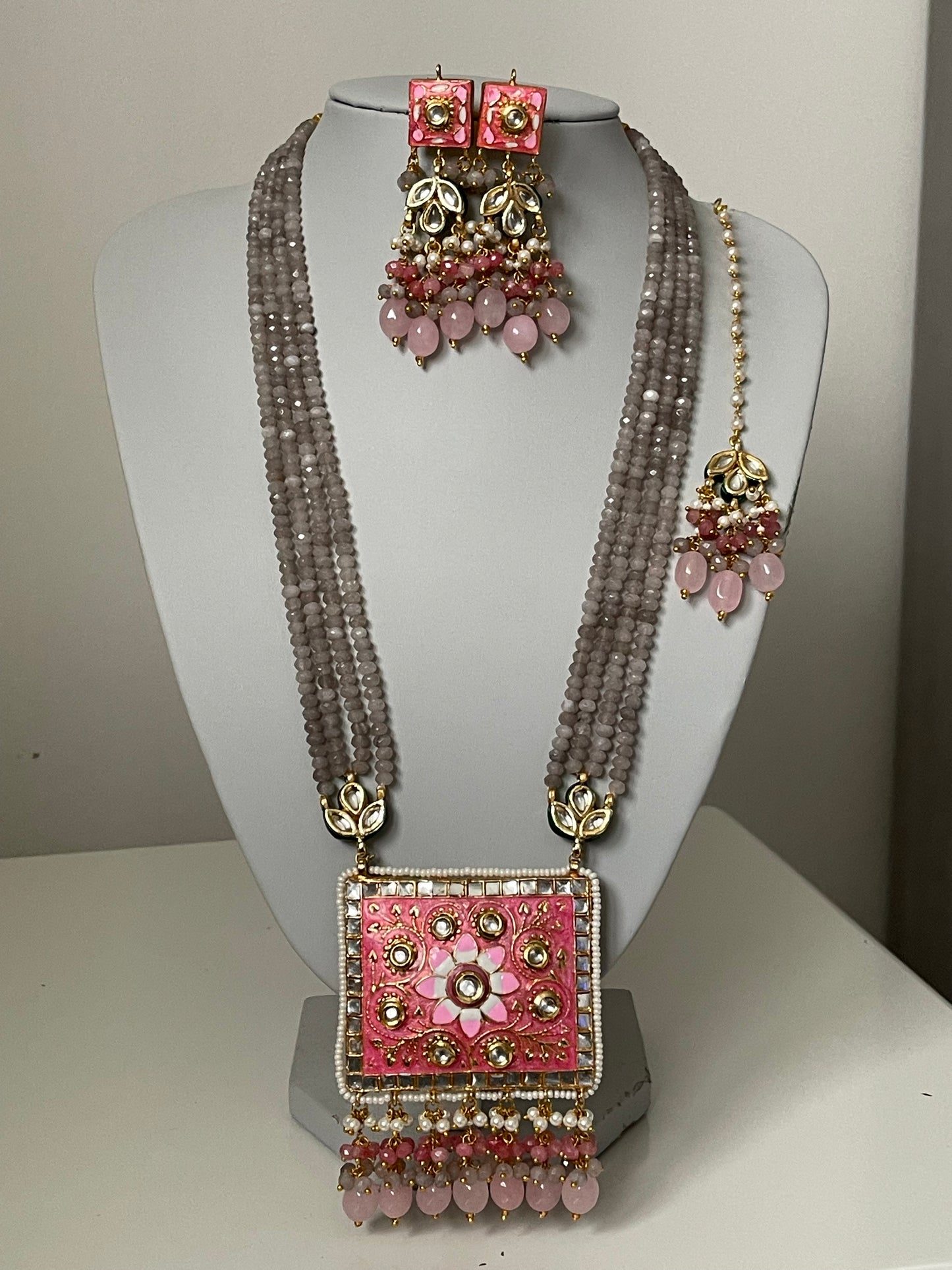Grey Meenakari Kundan Mala/ Long Haar Set