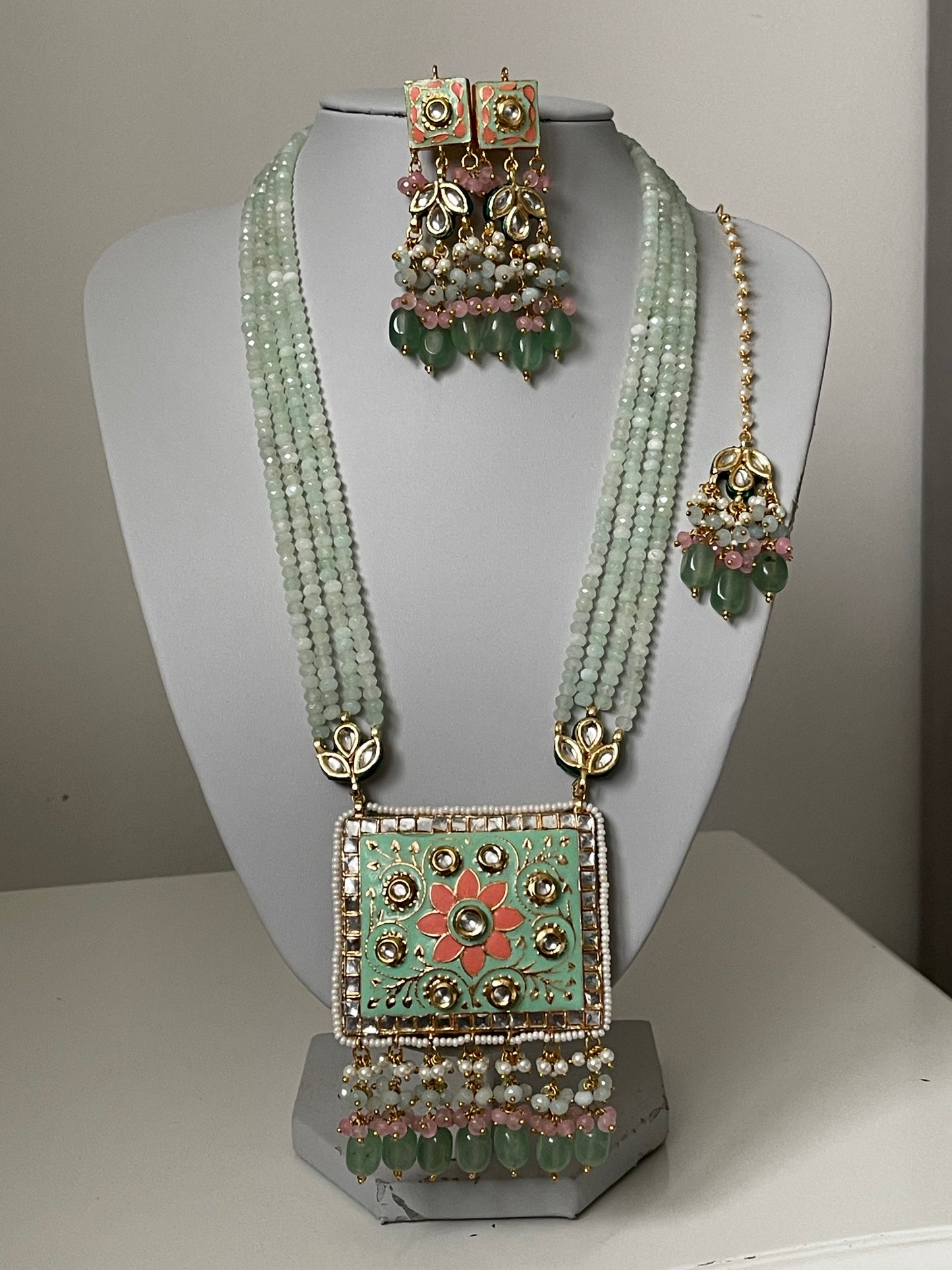 Mint Meenakari Kundan Mala/ Long Haar Set