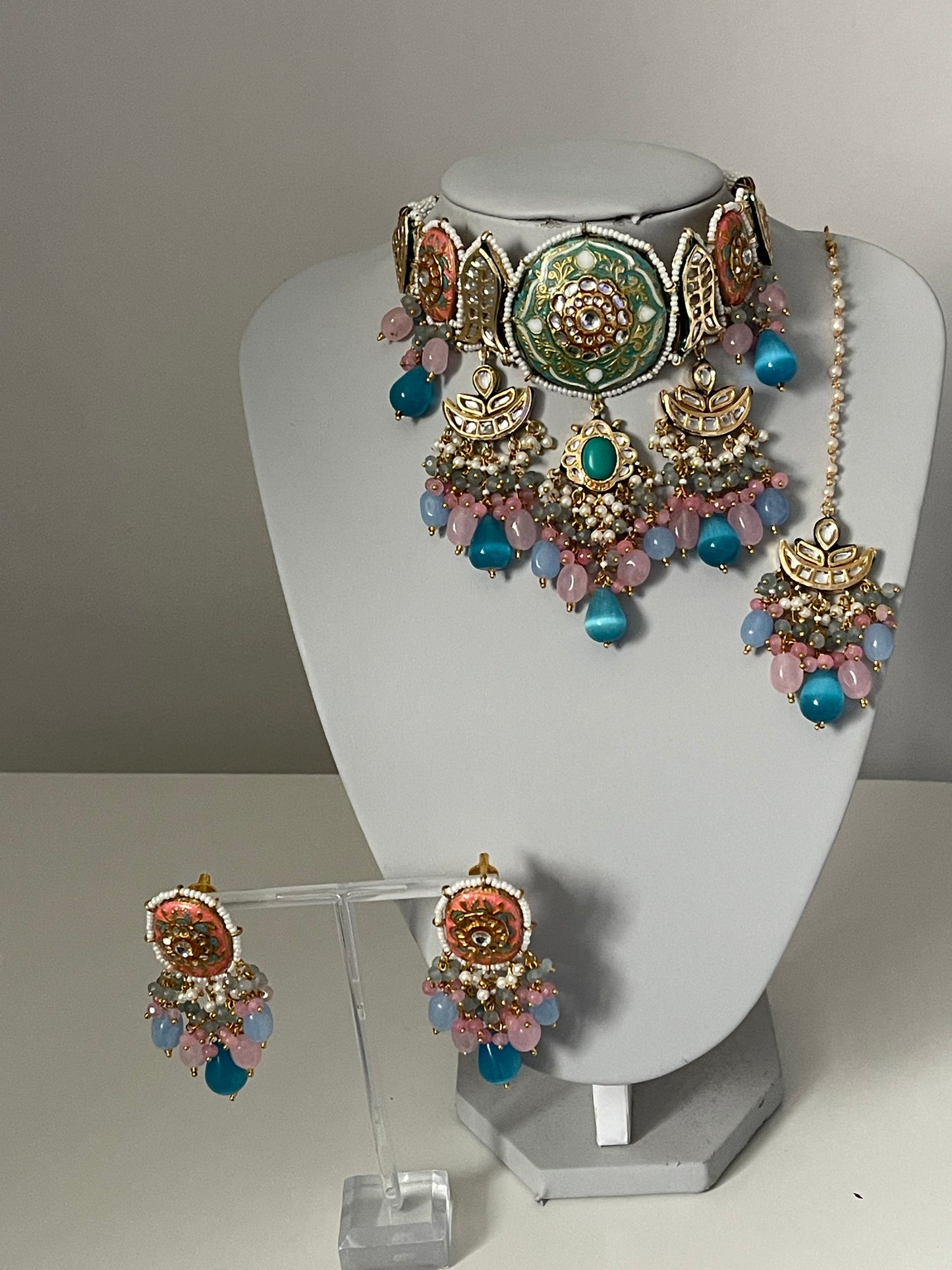 Blue and Pink Statement Kundan Set