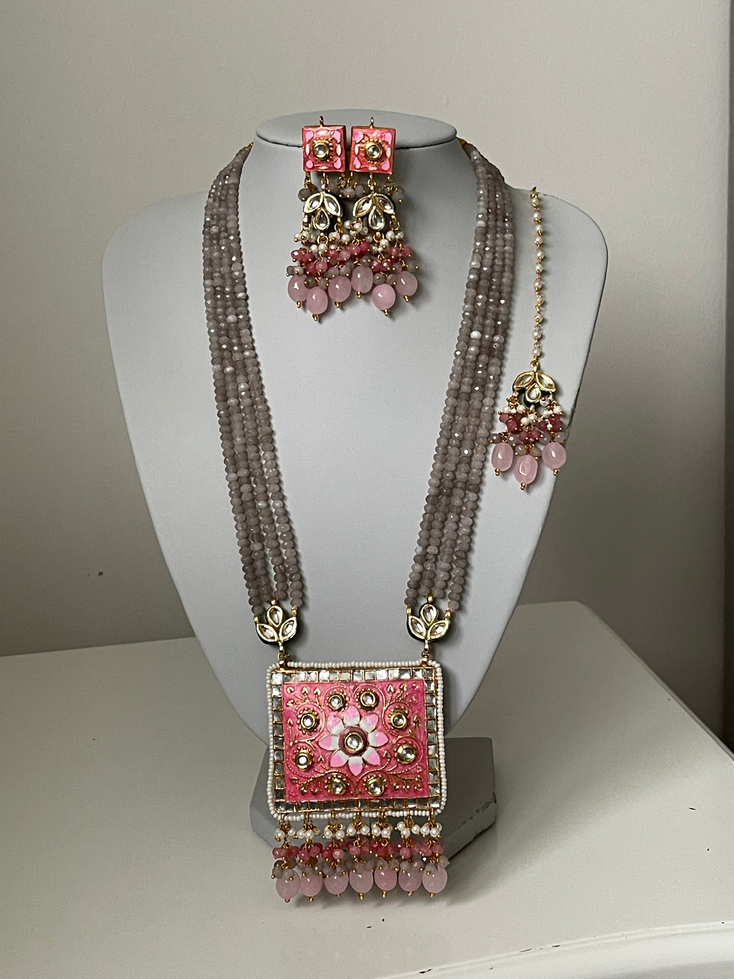 Grey Meenakari Kundan Mala/ Long Haar Set