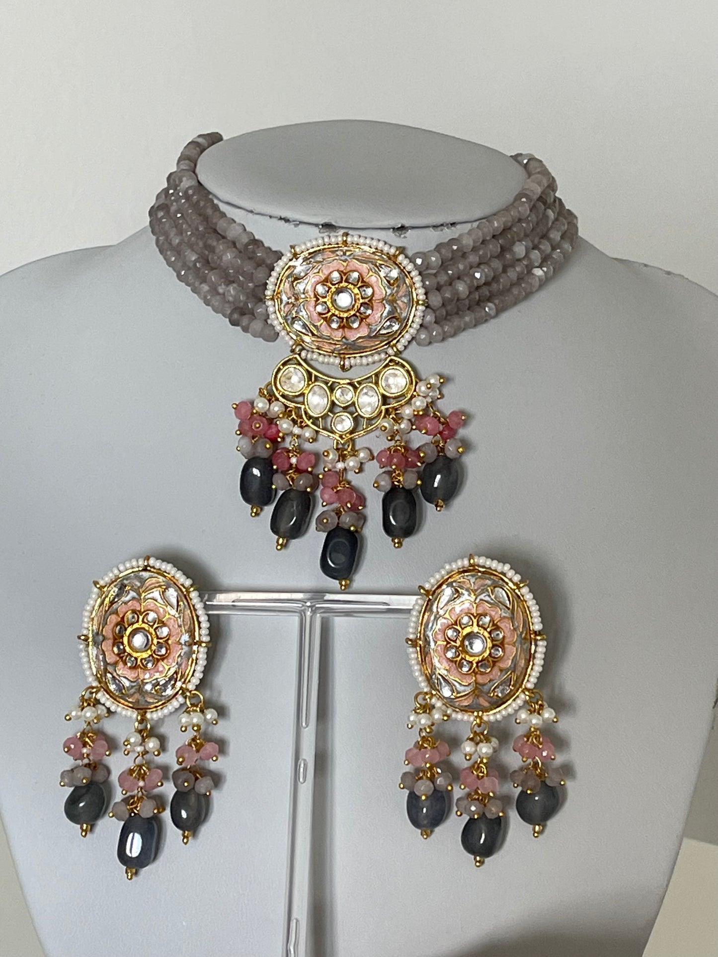 Grey/ Pink Meenakari Kundan Set