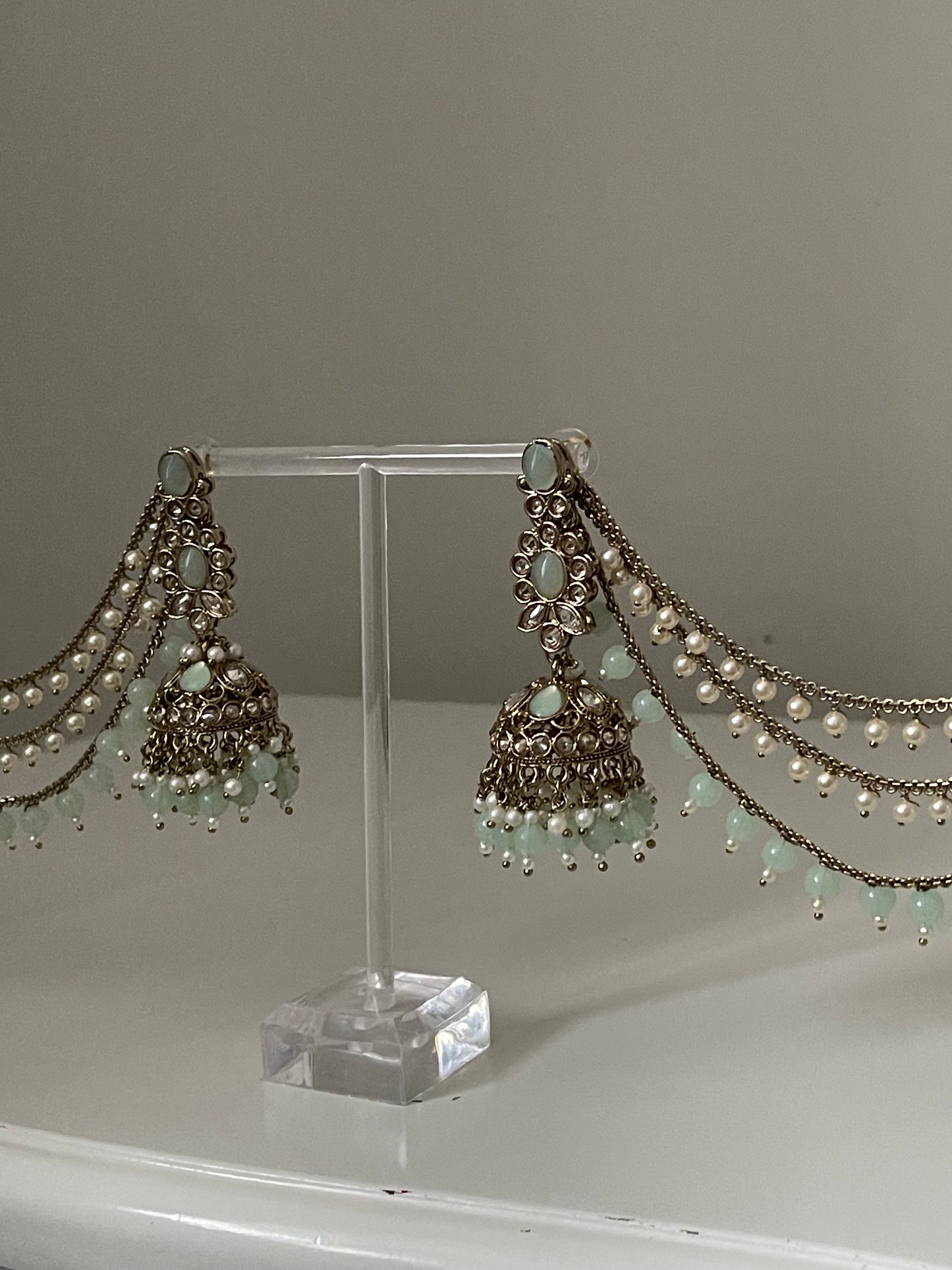 Mint Jhumka earrings with Saharey