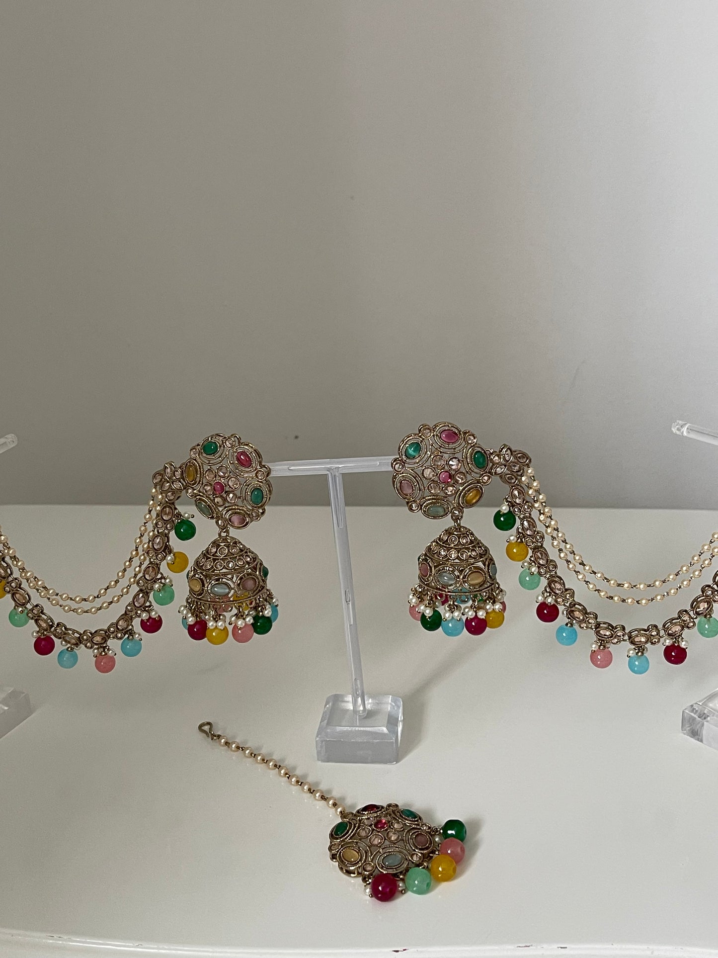 Multicoloured Jhumka Saharey Earrings with Tikka