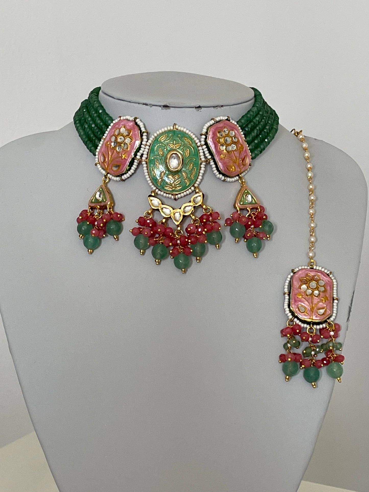 Jade Green/ Peach/Pink Kundan Set