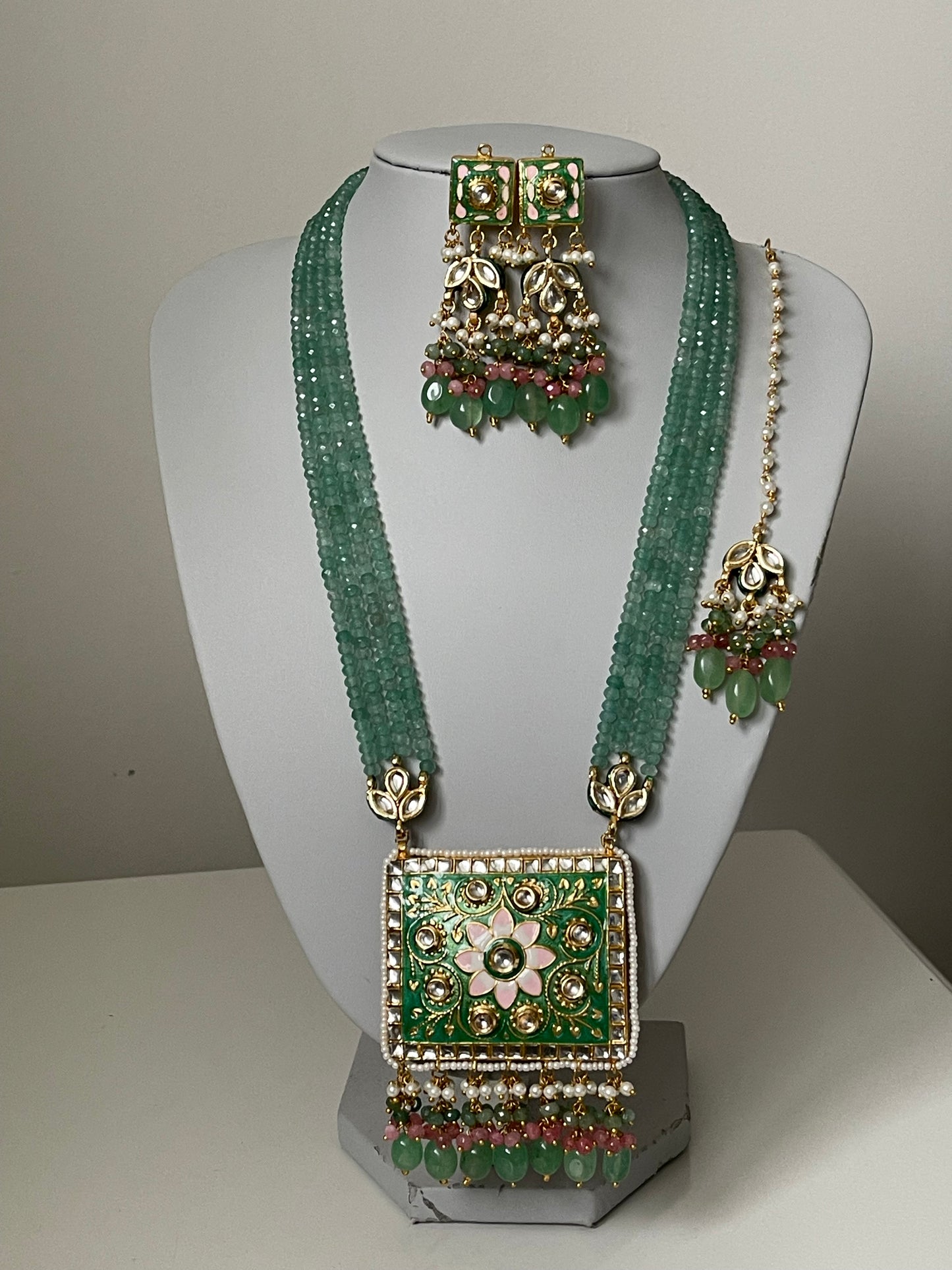 Jade Green Meenakari Kundan Mala/ Long Haar Set