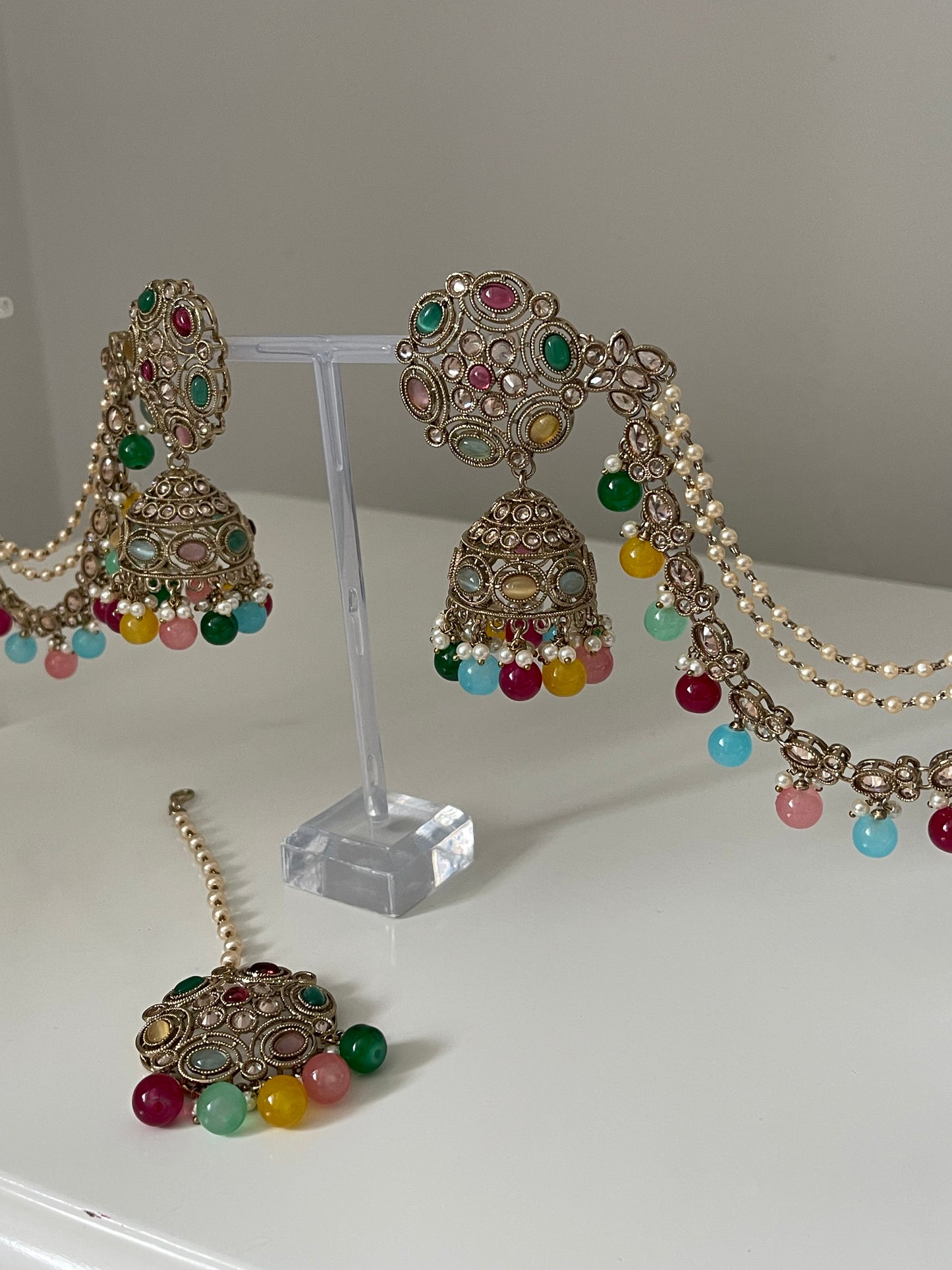 Multicoloured Jhumka Saharey Earrings with Tikka