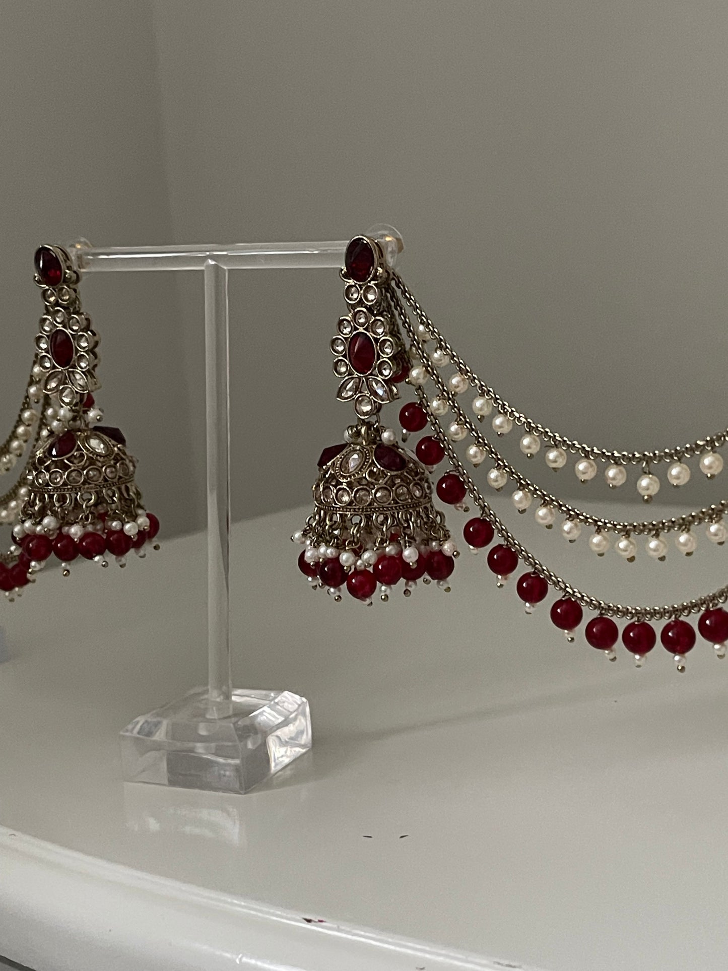 Red/Maroon Jhumka Earrings and Saharey