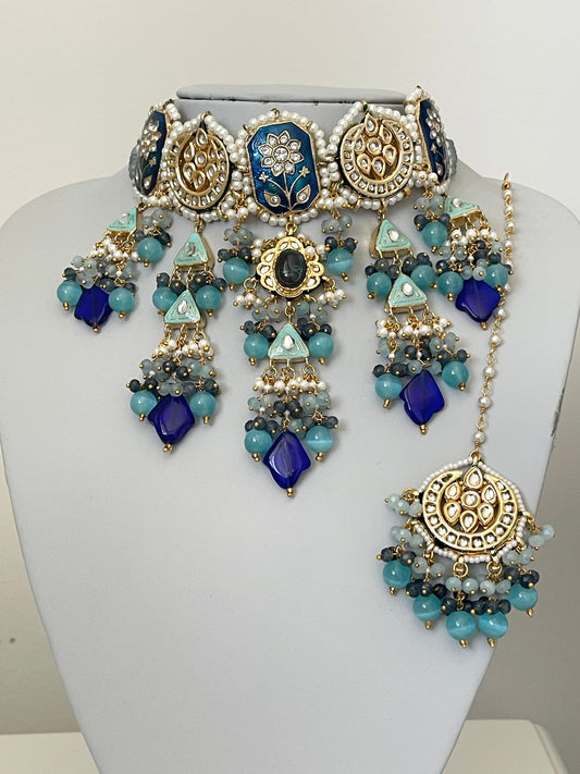 Blue/ Turquoise Meenakari Kundan Set