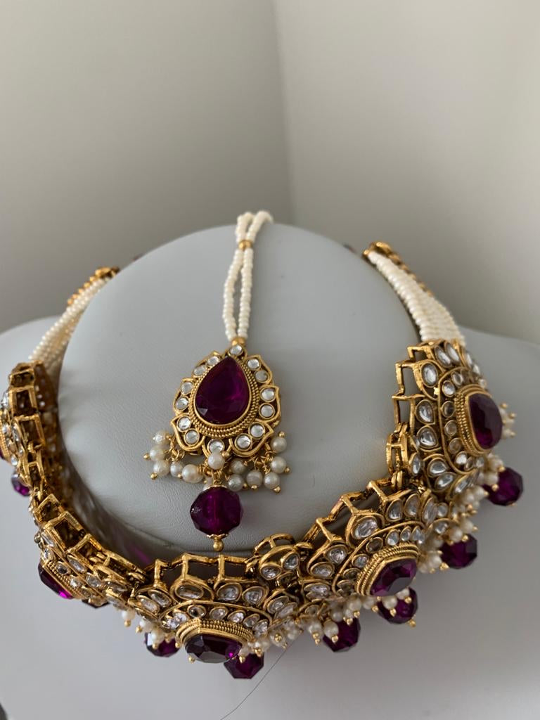 Purple Choker with Earrings & Tikka