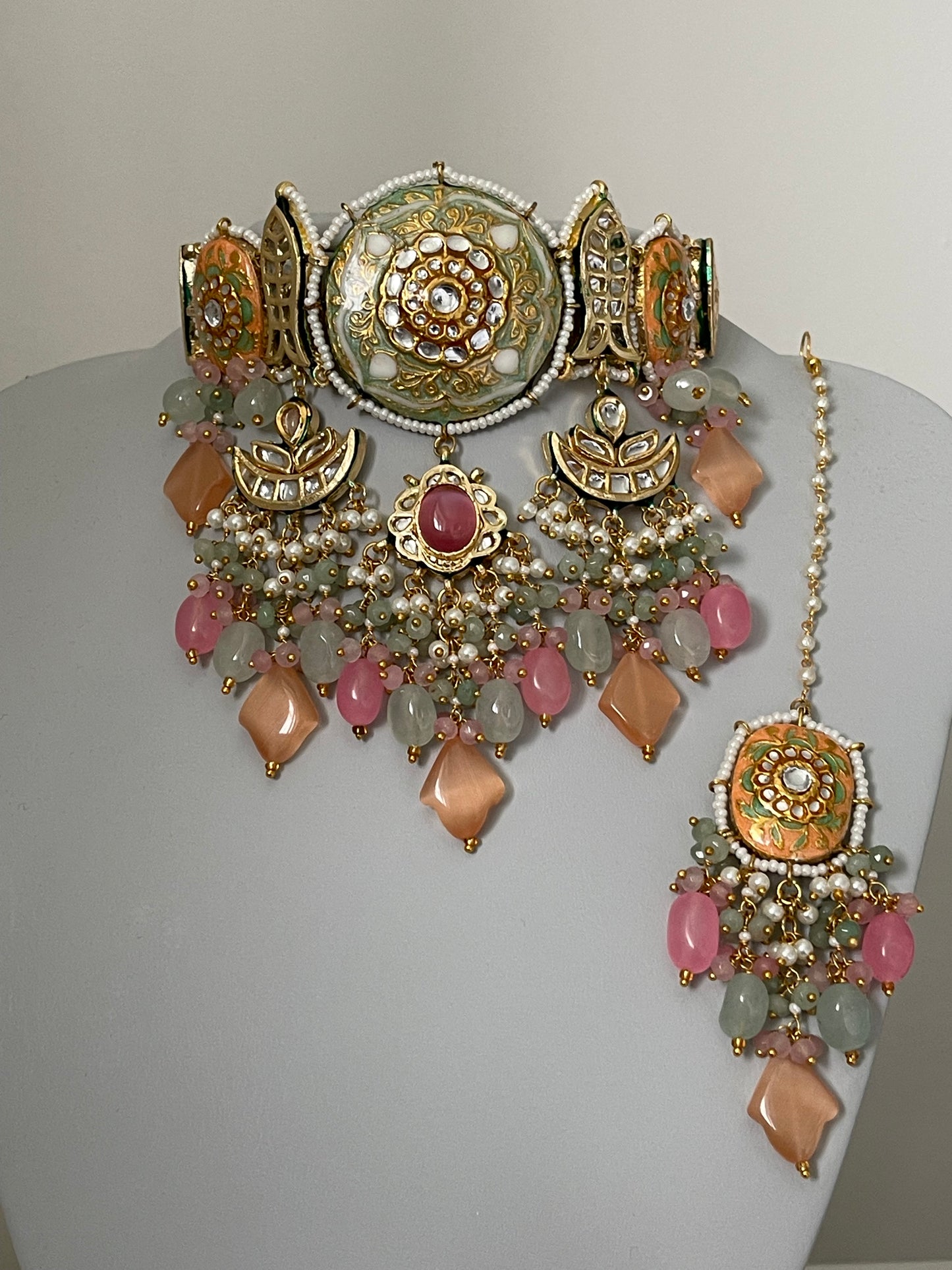 Pastel mint/ pink and peach Bridal Kundan Set