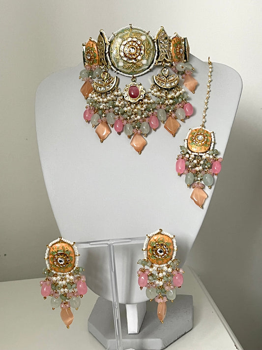 Pastel mint/ pink and peach Bridal Kundan Set