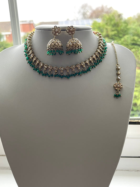 Green Choker Set with Jhumka Earrings