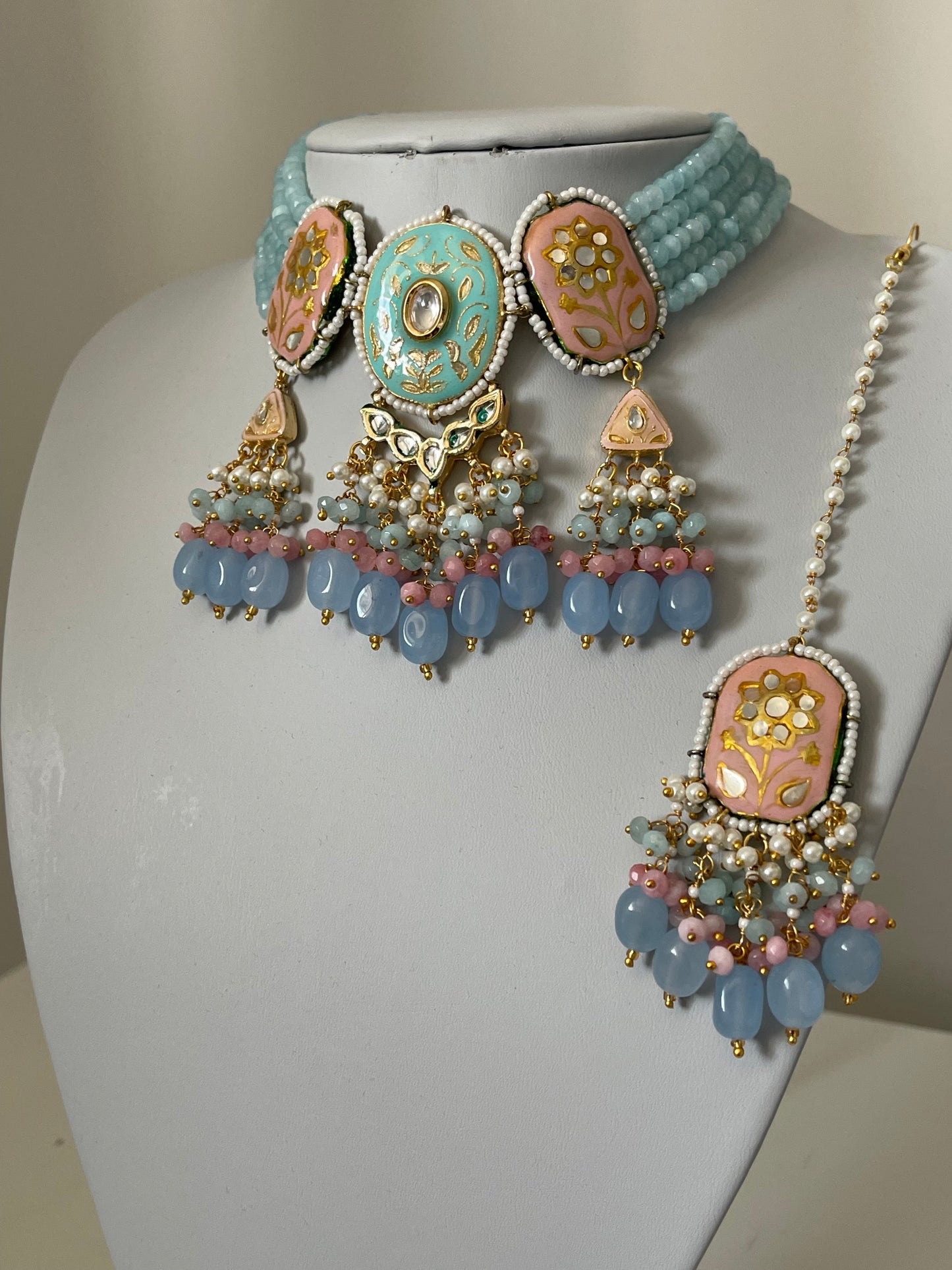 Turquoise and pink Kundan Set