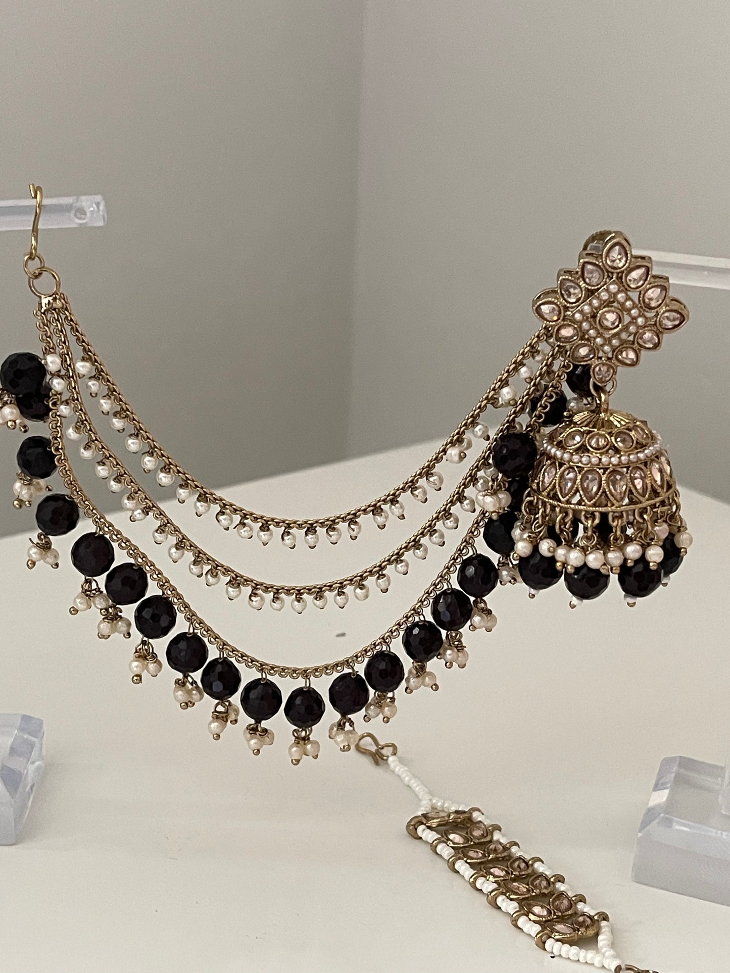 Black Jhumka Earrings with Saharey and Tikka