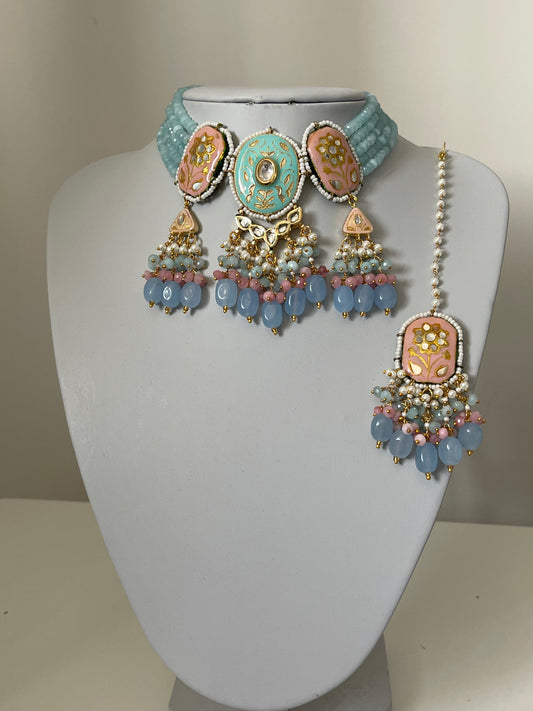 Turquoise and pink Kundan Set