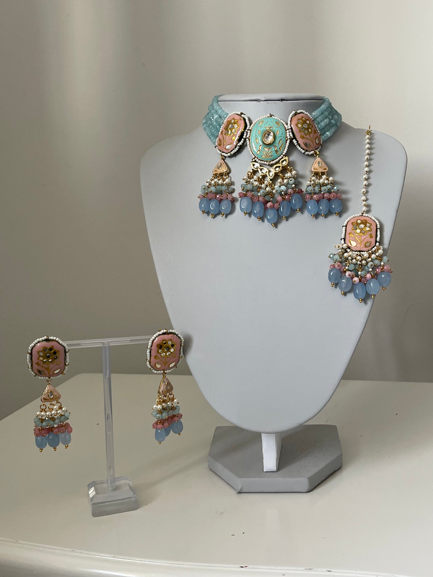 Turquoise and pink Kundan Set