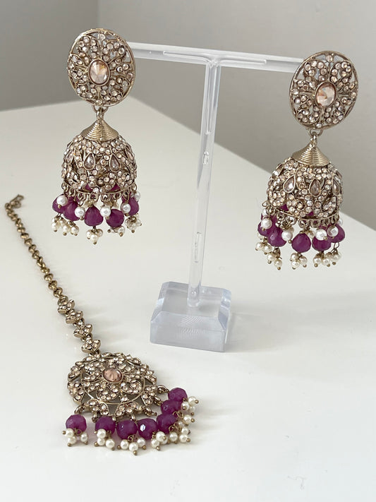 Purple Jhumka Earring and Tikka Set