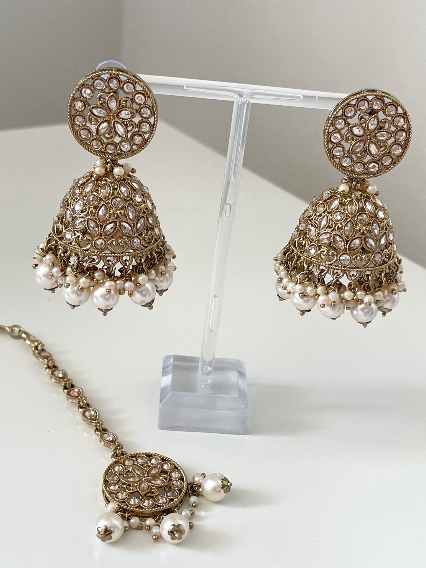 Gold Jhumka Earrings and Tikka