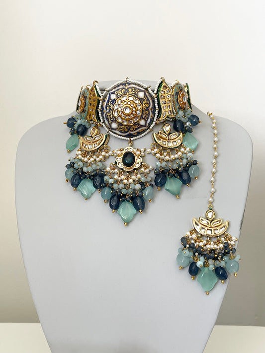 Blue/ turquoise Meenakari Kundan Choker Set