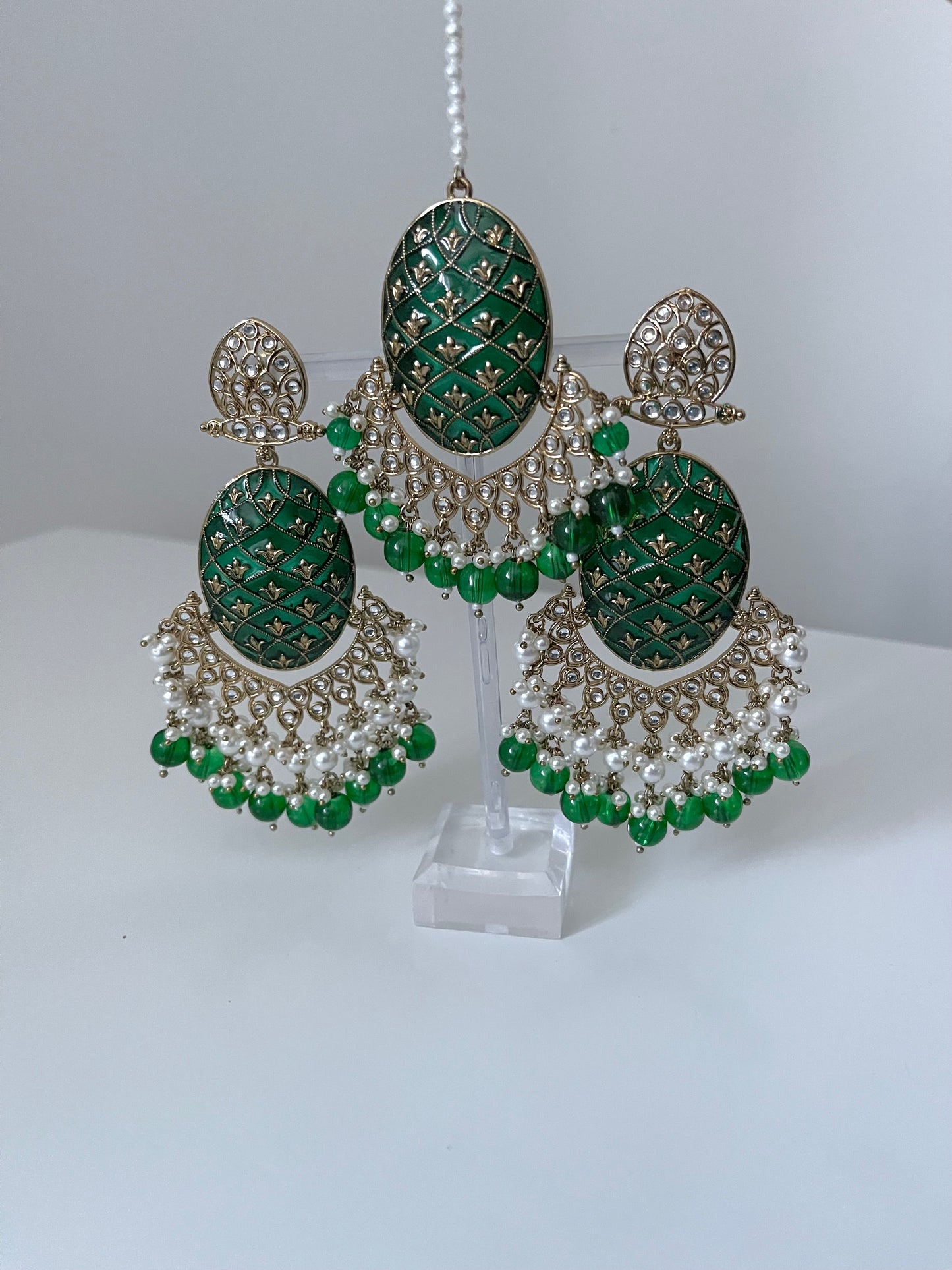 Green Meenakari Kundan Earring and Tikka Set