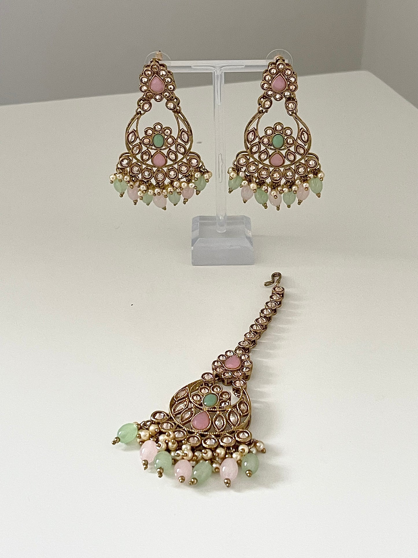 Pink and Mint Earring and Tikka Set