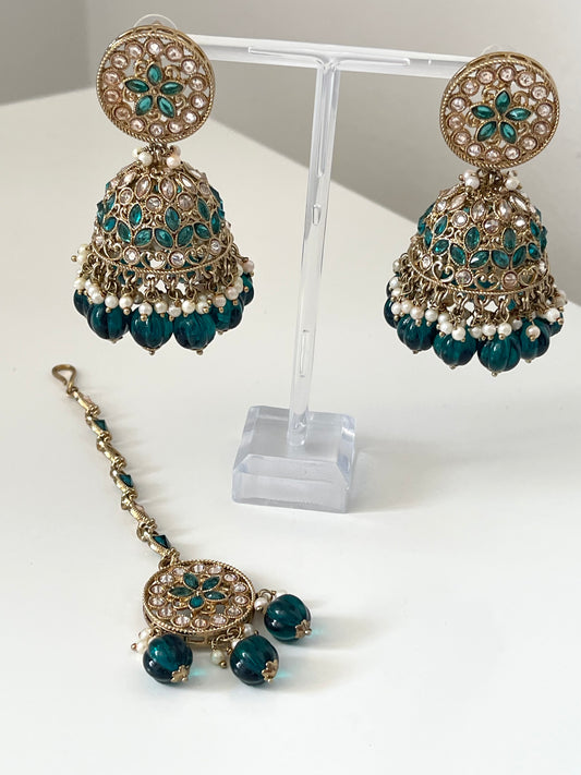 Teal/Peacock Jhumka Earrings and Tikka