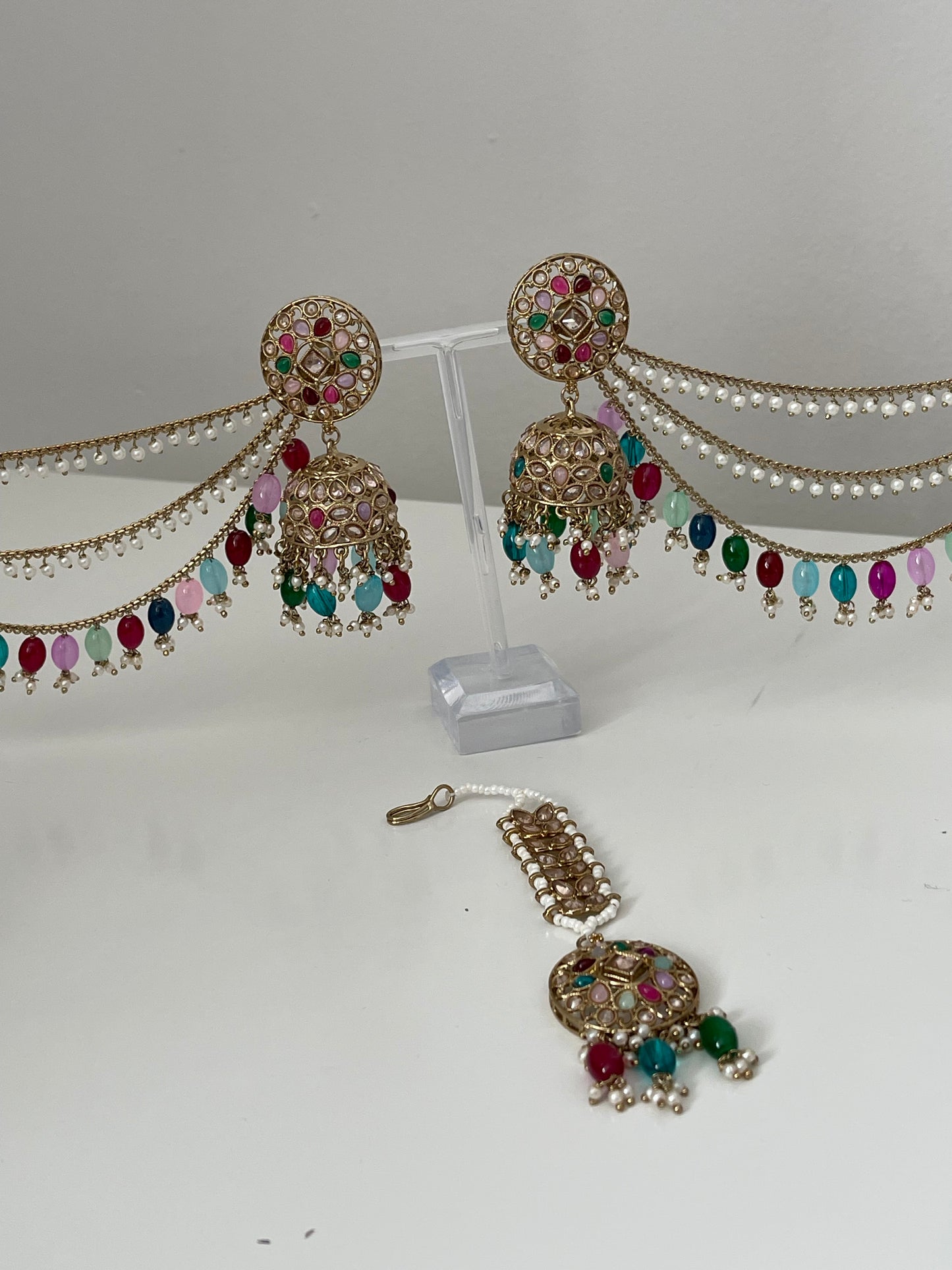 Multicoloured Jhumka earrings and tikka with saharey