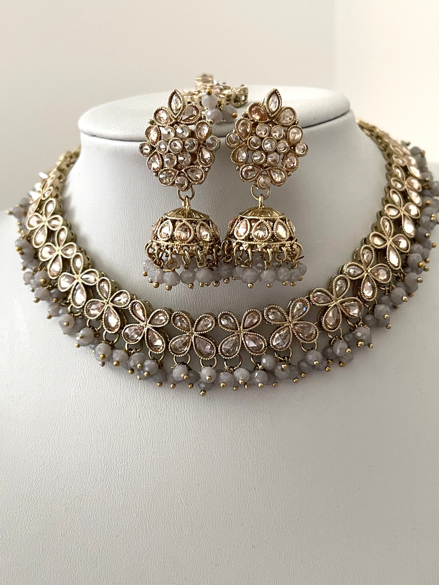 Grey Set with Jhumka Earrings and Tikka