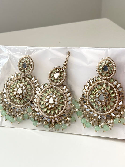 Mint Mirror Earring and Tikka Set